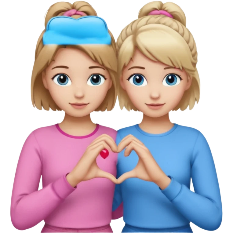 Two best friends making a heart shape with their hands together. One of them has blond hair which is shorter and the other has brown hair tied up. They are both wearing pink outfits. They both have blue eyes. One of them has their hair down  emoji