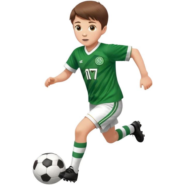 Celtic footballer jersey logo  6 years old brown hair white boy , brown eyes , stripes uniform , RUNNING  with soccer ball is number  17 celtic football logo  ONE CELTIC LOGO ONLY white shorts emoji