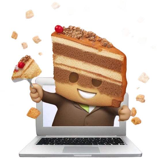 Person frantically devouring cake while working on a laptop emoji