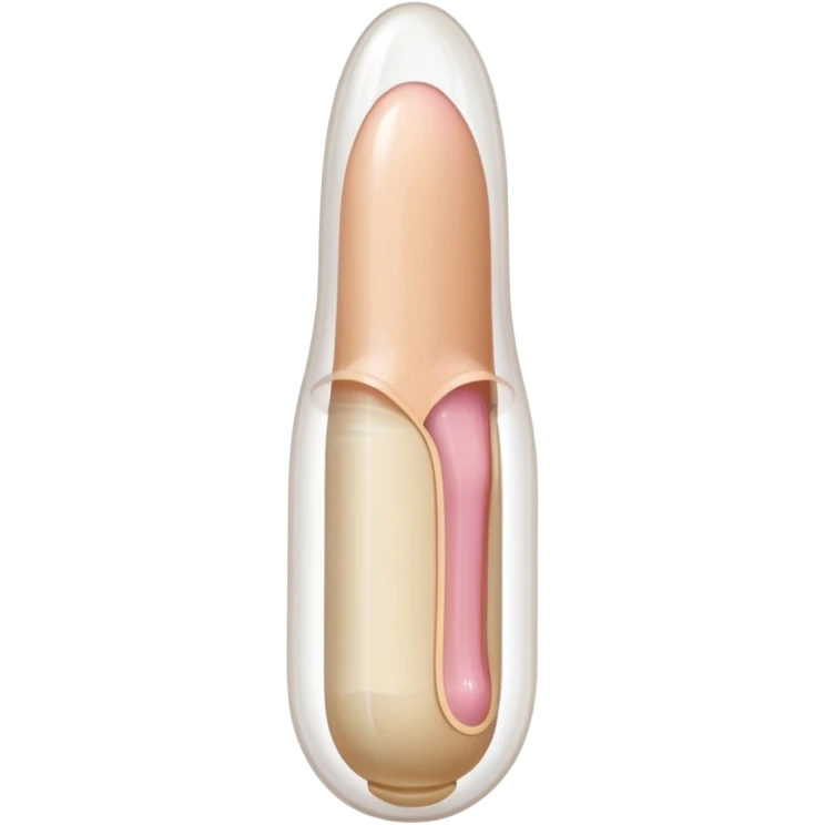 white transparent condom fully covering cylindrical beige-pink colored penis shaft, no face. at top of penis, add glans penis tip, a urethra opening hole/slit line and corona line. at the bottom end/base of penis make it flat. add reservoir tip to top of condom emoji