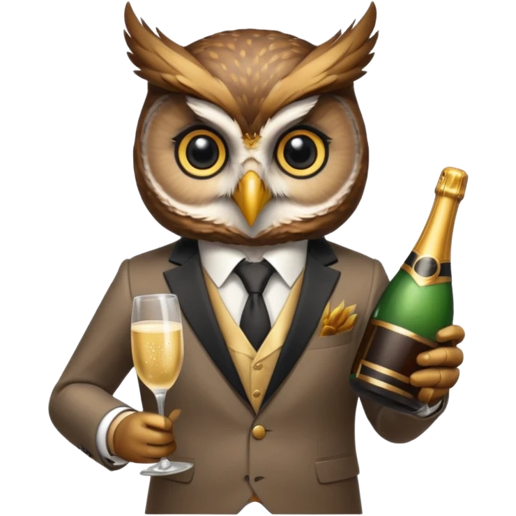 owl wearing suit, holding champagne bottle emoji