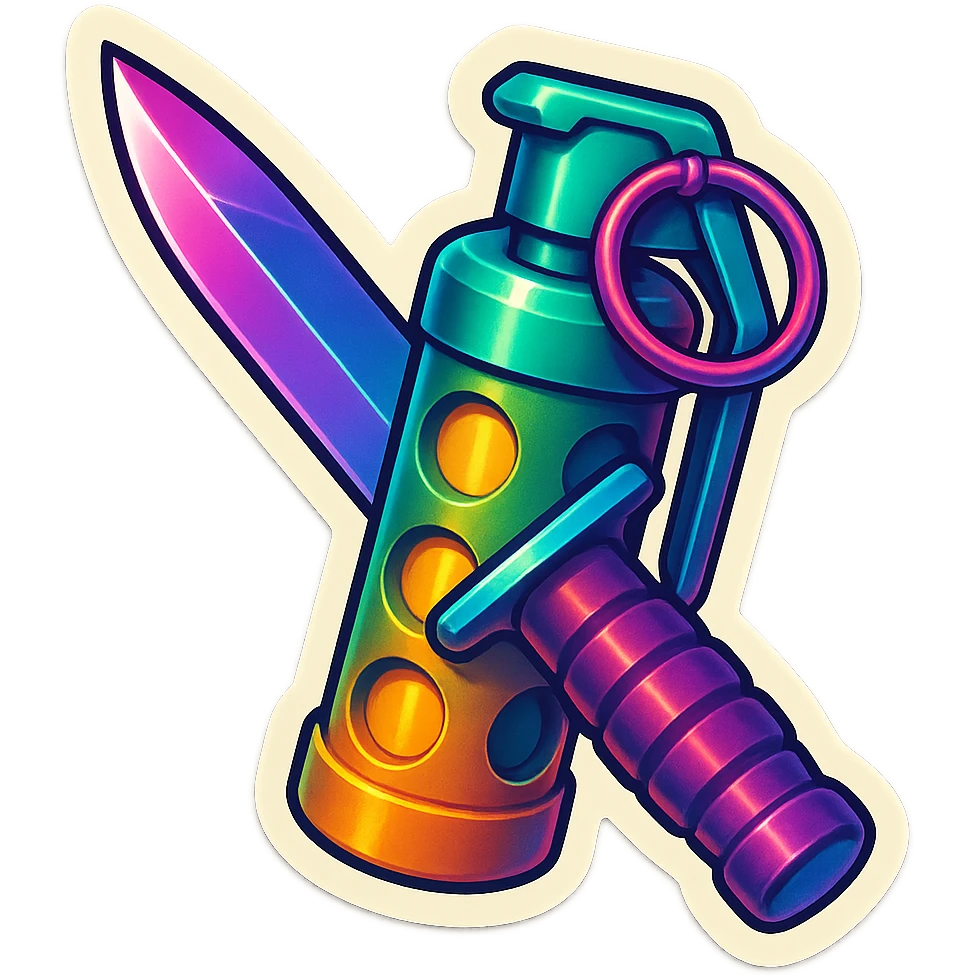 a crossed combat blade and flashbang, 90s futuristic emoji