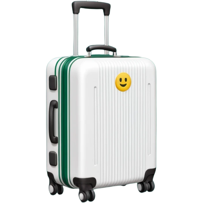 white ribbed suitcase on wheels with handle, dark green details, side view, emoji style emoji
