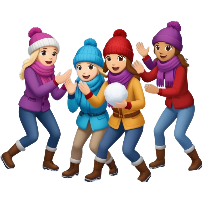 a group of friends having a snowball fight, winter hats and scarves, playful emoji