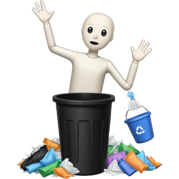 give me a white stickman and a black trash can and trash and make the man throw some trash can and make the background black  emoji
