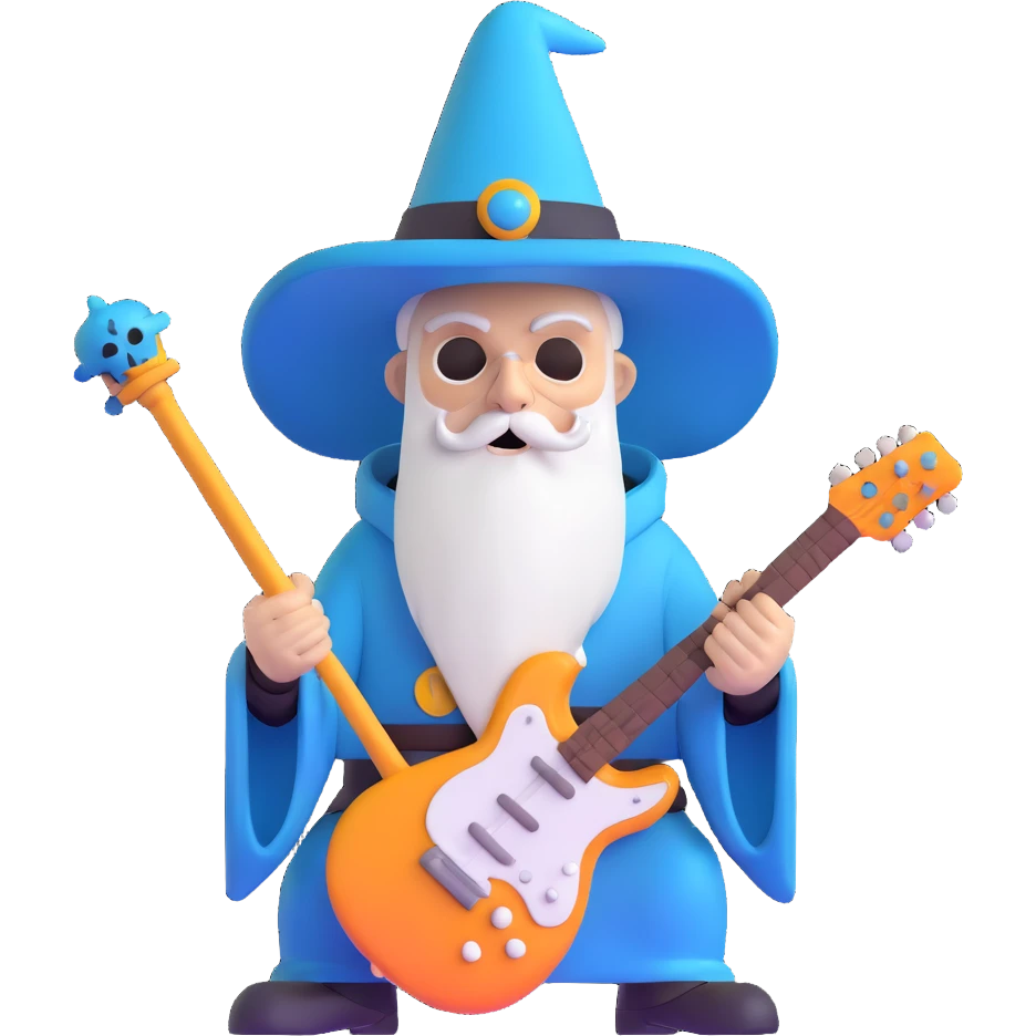 wizard with electric guitar staff, heavy metal, skull decorations emoji