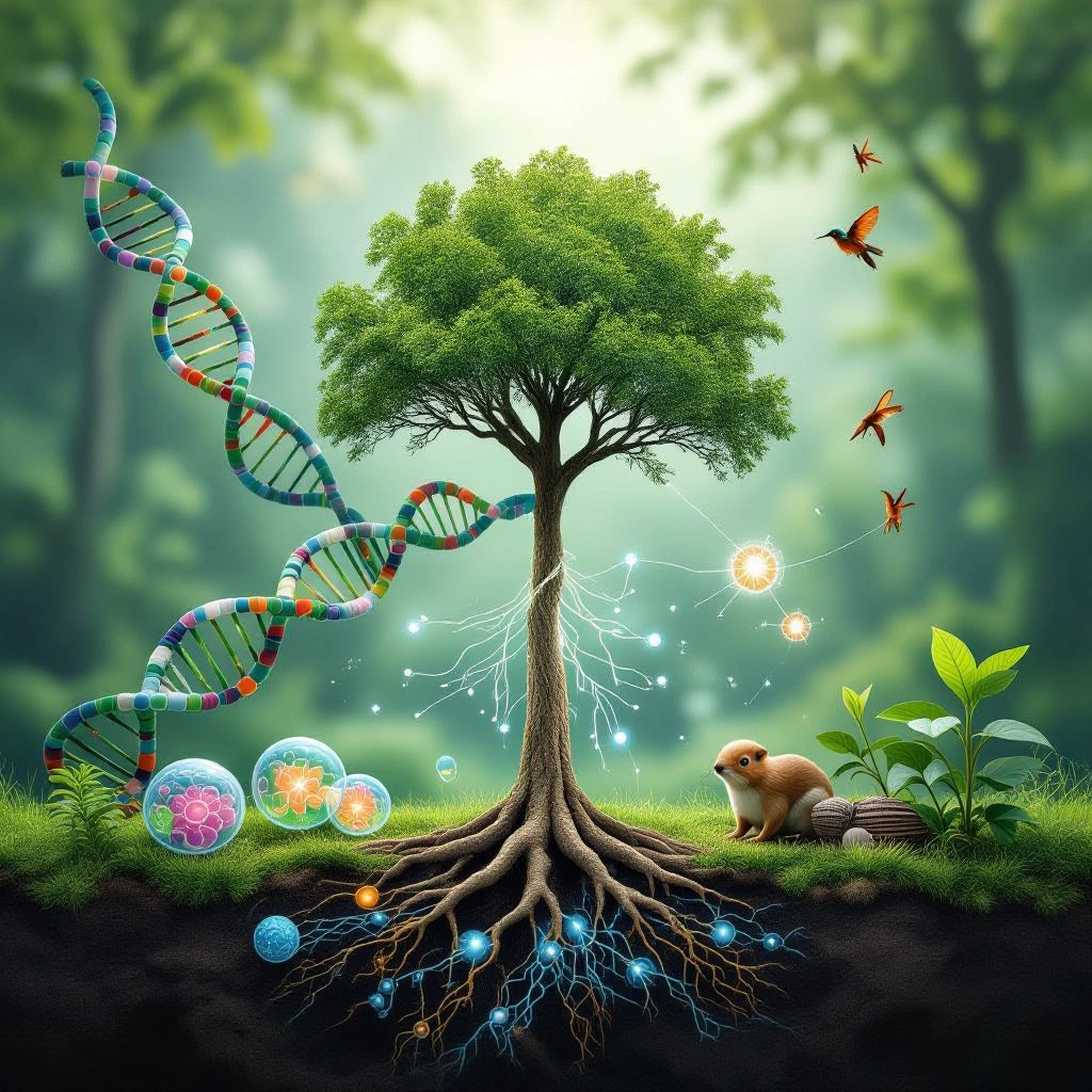 A realistic biological illustration showing: DNA strands transitioning into a tree, cells with visible organelles, neurons connected to plant roots  and a balanced ecosystem background . Seamless integration, no labels or borders. Scientific color scheme, detailed but minimalist. emoji
