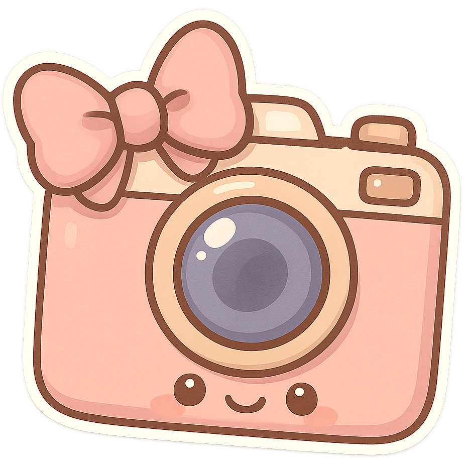 chibi sticker-style camera with a bow, cute and exaggerated emoji