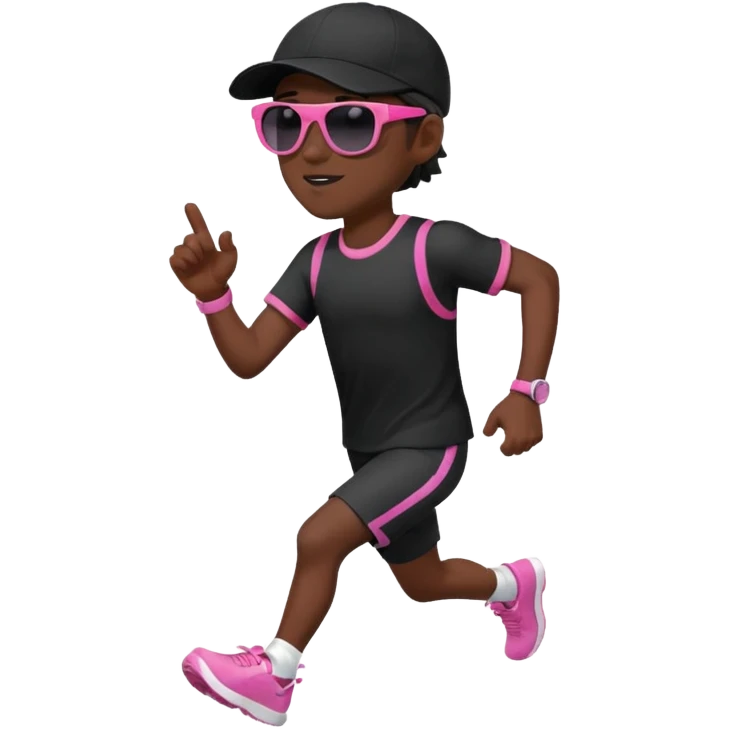 Un uomo che corre vestito completamente di nero, con un cappellino nero, occhiali da sole da bambino rosa emoji