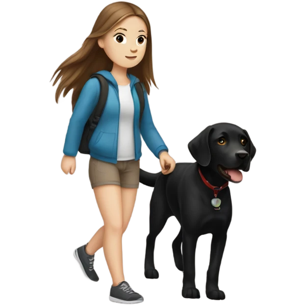 White Girl with straight brown hair walking a black Labrador  emoji