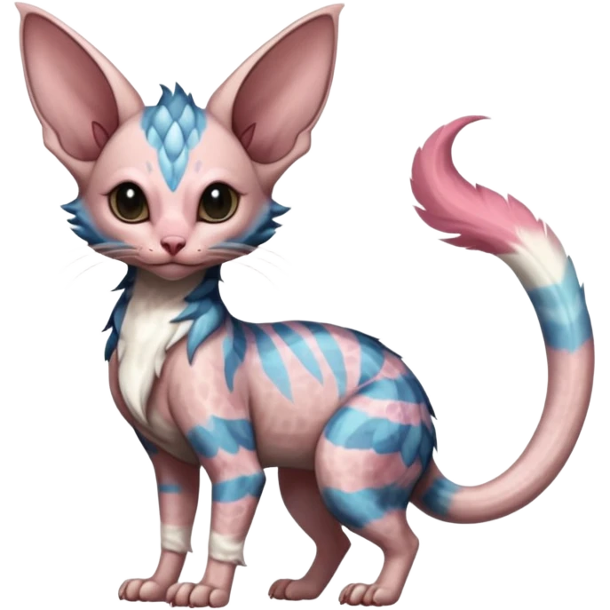 Furry, fluffy tropical flecked painted feathery scaly, colorful, Minccino-Sphynx-Lykoi-Linoone-Zangoose-fusion-hybrid-animal-Fakémon-creature, full body, thin long sleek scaly tail, intricate markings emoji