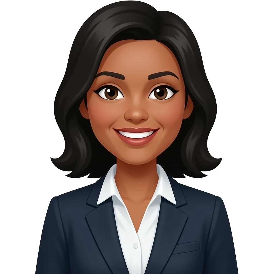 confident businesswoman, medium-dark skin tone, black hair, professional female entrepreneur, smiling emoji