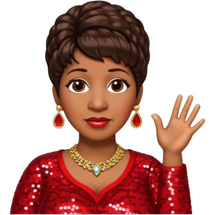 Aretha Franklin with dark brown hair, red sequin outfit emoji