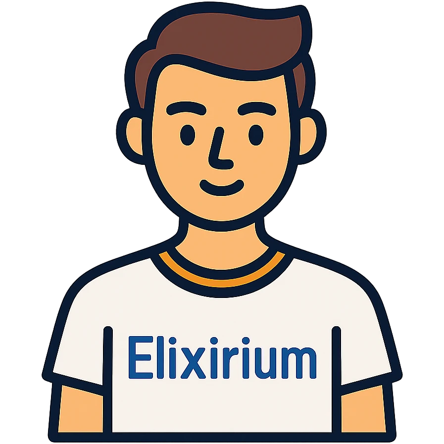 young man wearing white t-shirt with the word 'Elixirium' written on the t-shirt, colorful outline icon style emoji