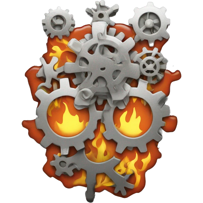 A bare brain made out of gears with flames licking out from between the gears emoji