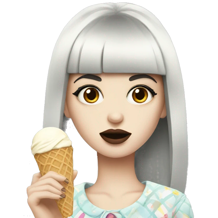 Portrait chanel clothes Girl pale skin with long black  bangs eating icecream  emoji
