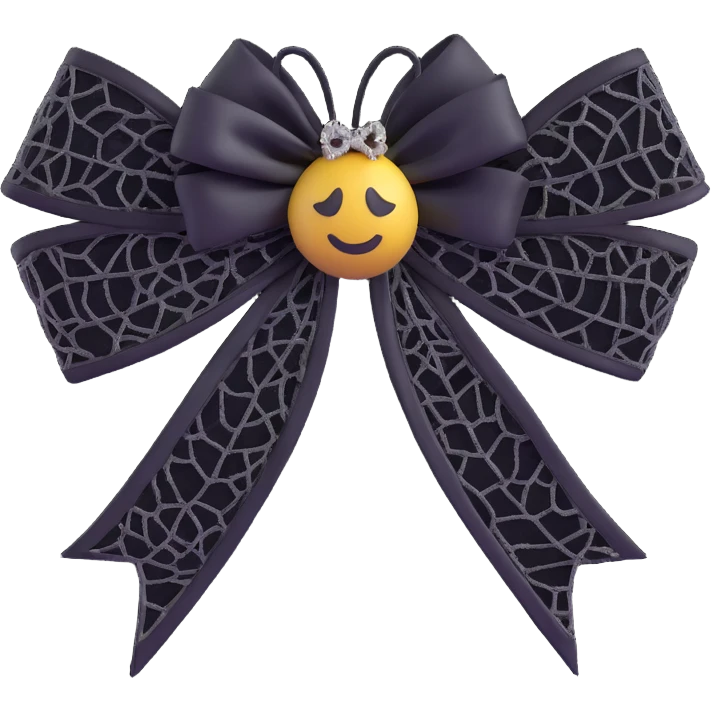 3D emoji gothic bow, white satin, black lace trim, silver spiderweb brooch emoji