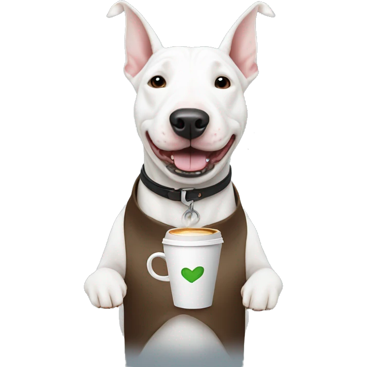 White bull terrier dog holding a coffee emoji