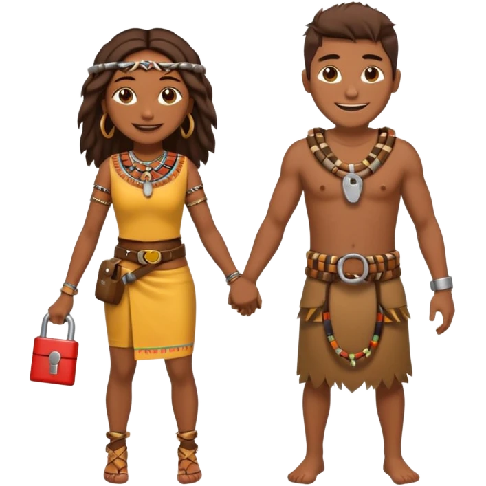 A happy tribal man holding hands with a happy tribal woman wearing a belt with a padlock emoji