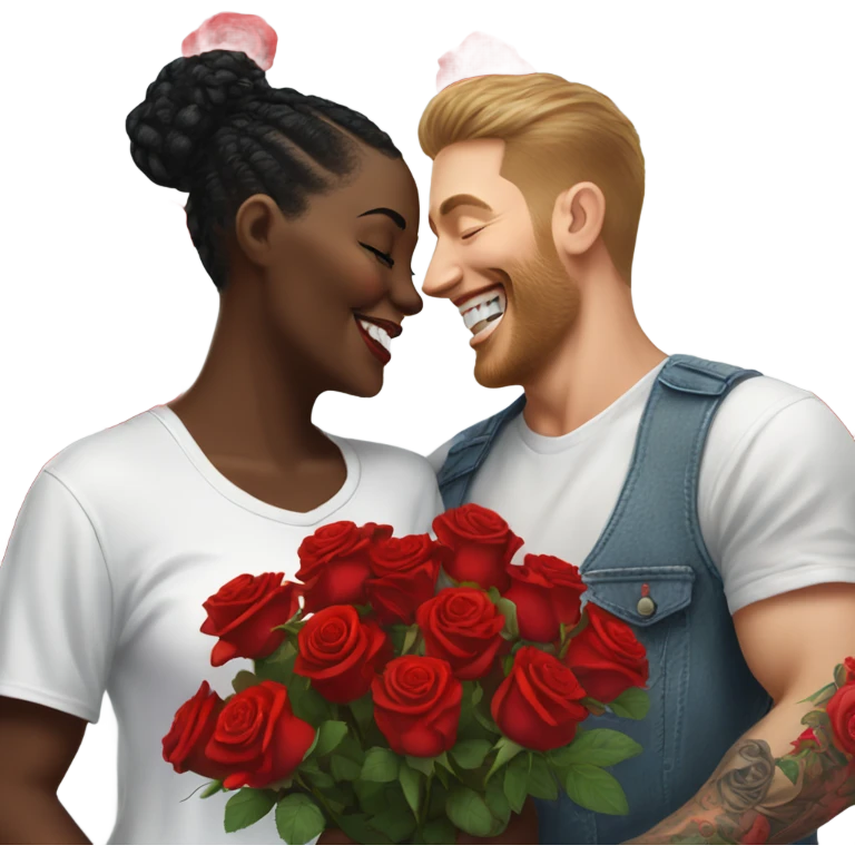Hyper Realistic beautiful woman smells bouquet of bright red roses laughing with handsome tattooed man  emoji