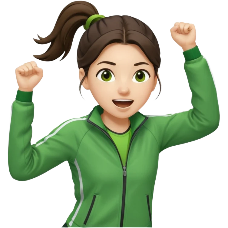 A brunette pony tail hair girl in a sporty green jacket, jumping slightly while cheering loudly. emoji