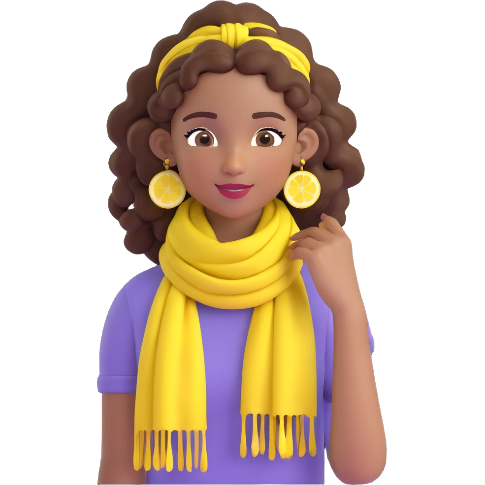 bohemian girl emoji, brown skin, long curly brown hair up, lemon yellow scarf, round earrings, free-spirited vibe emoji