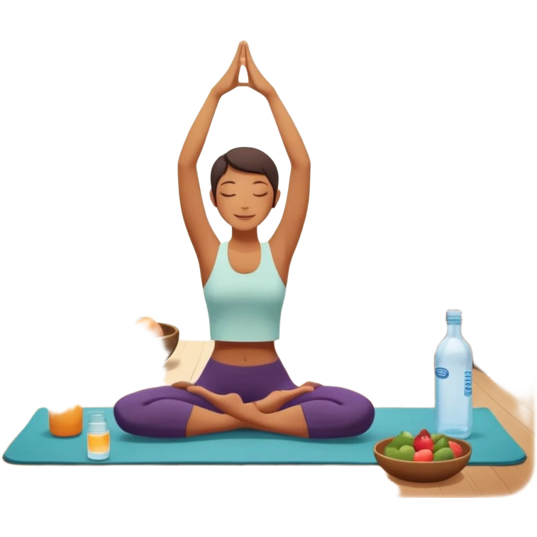 A person moves through a gentle yoga pose in the morning sun, one hand reaching up, the other near a plate of vibrant whole foods and a bottle of water. A cozy bed sits behind them, glowing softly. Nearby, a small group of friends laughs together under a tree—health, movement, nourishment, rest,  emoji