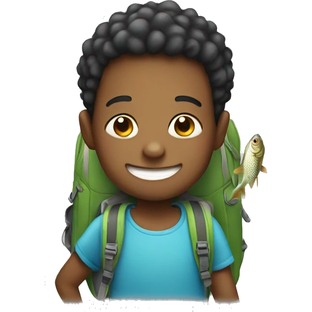 smiling boy with backpack holding a fish emoji
