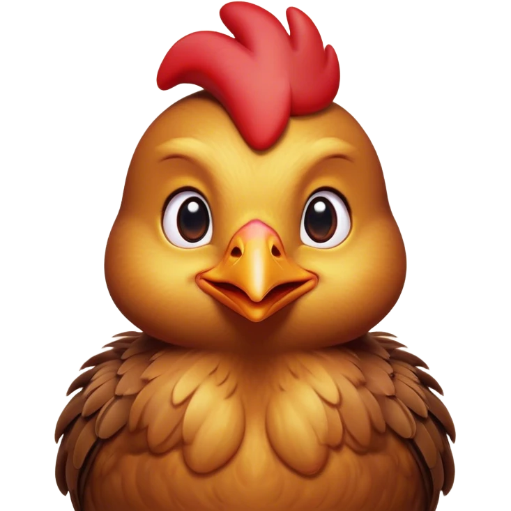 Cinematic Cute Brown Chicken Portrait Emoji, Head tilted playfully and inquisitively, featuring a lustrous brown feathered coat with a natural sheen and a subtle red comb, round, sparkling beady eyes filled with curiosity, Simplified yet irresistibly adorable features, highly detailed, glowing with a warm, friendly glow, high shine, affectionate and lively, stylized with a touch of country charm, bright and endearing, soft glowing outline, capturing the essence of a mischievous yet loving chicken, so playful it feels like it could peck out of the screen and into your arms! emoji