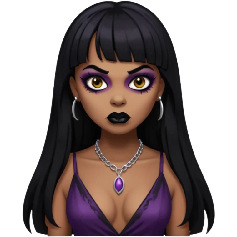 vampira gótica parda zumbi de cabelo longo e preto e franja e roupa com decote e batom preto e sobrancelha grossa emoji