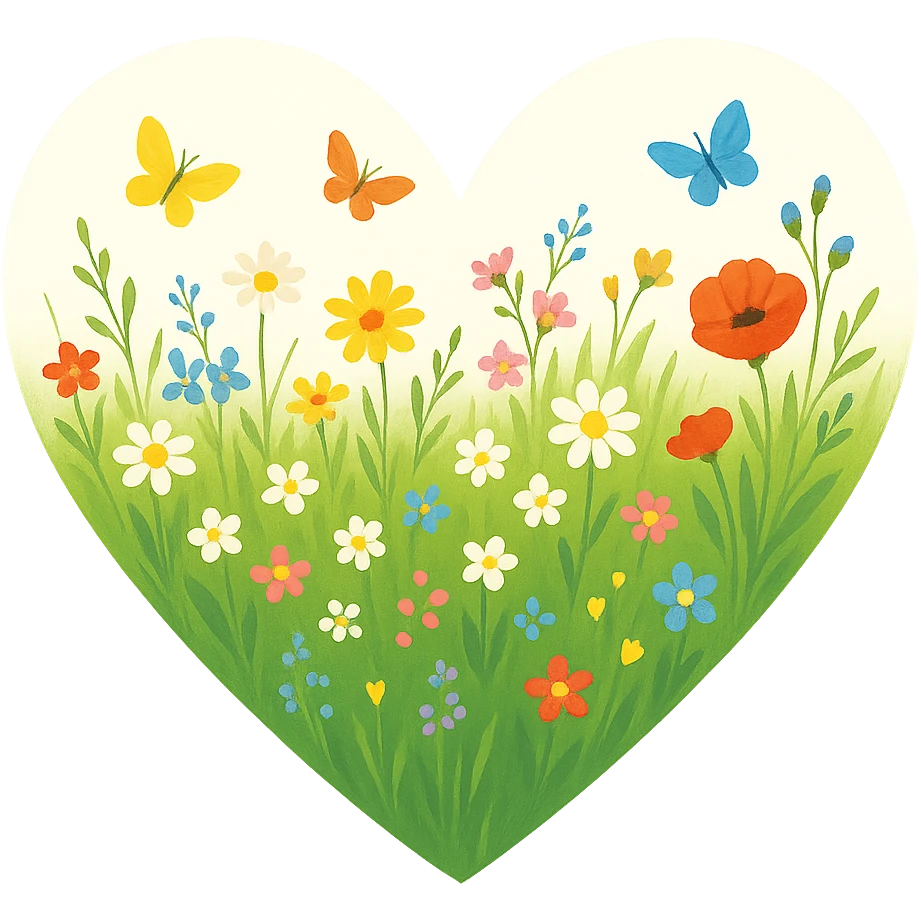 heart with a spring meadow and flowers theme, clean digital illustration, no background emoji