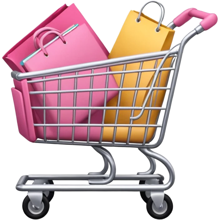 Carrinho na cor rosa cheio de compras femininas, com diversas maquiagens, roupas  emoji