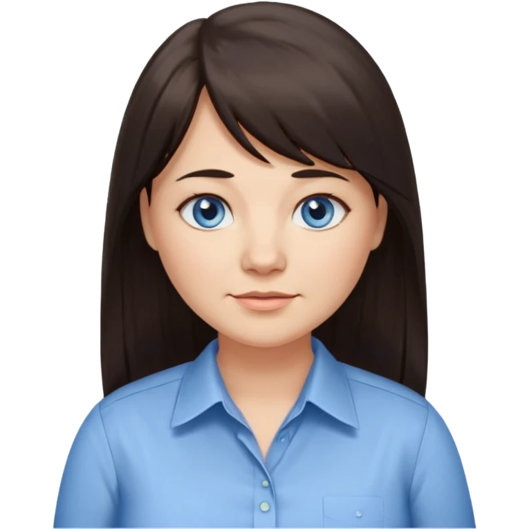 40 yr old woman, blue eyes, long straight dark brown hair, business shirt, chubby, bangs, long hair, tired, small smile emoji
