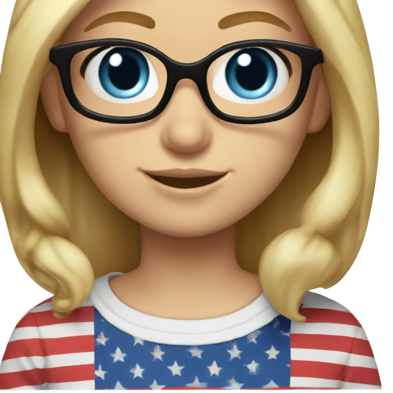 A girl wearing an American flag shirt, pretty, medium blonde hair, blue eyes, glasses, white teeth, freckles emoji