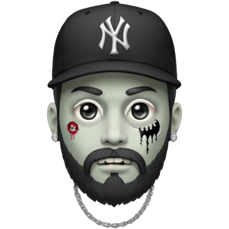 Hazme un zombie con barba en la barbilla el emoji que esté en blanco y negro osea la foto que tenga aretes pequeños una gorra volteada de los new York yankee y una cadena de diamantes que diga W emoji