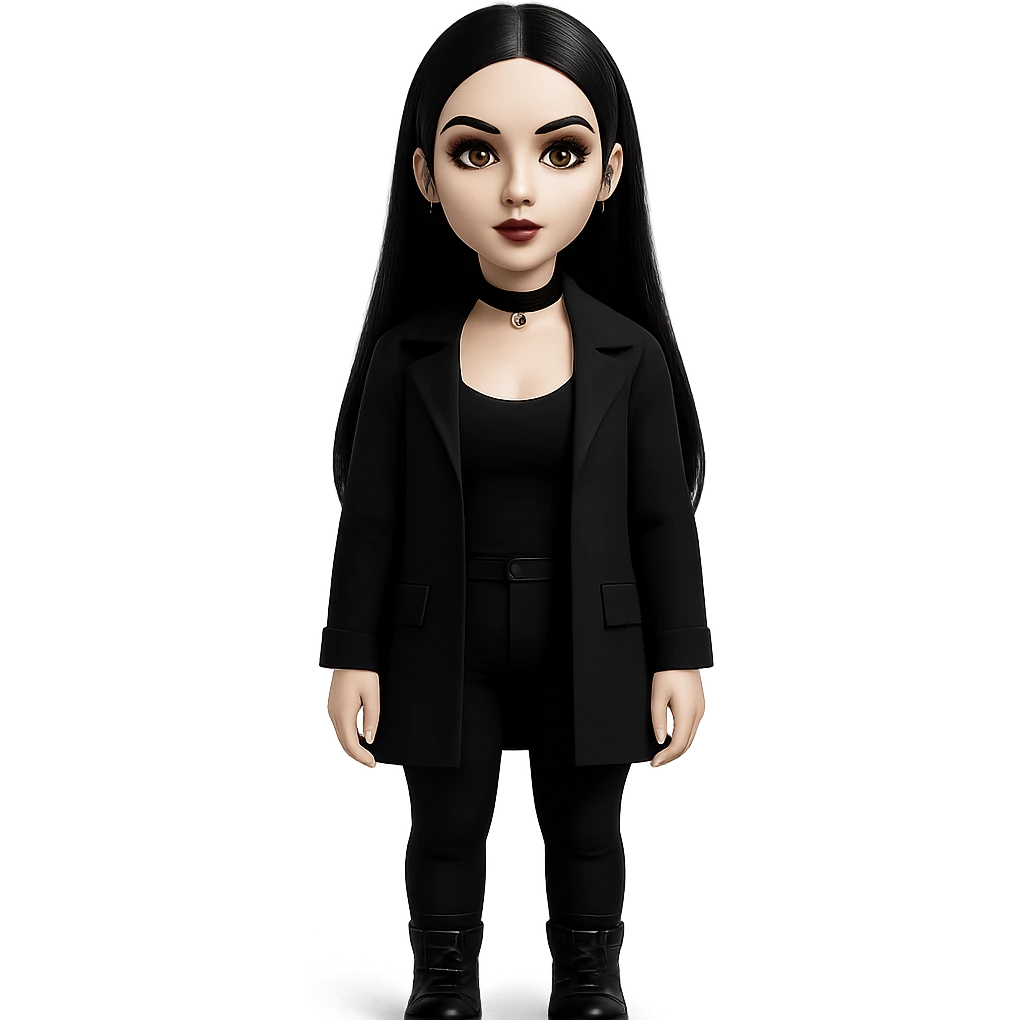 Make the woman more attractive with facial piercings, remove her fringe, dress her in gothic clothing, keep her pale skin and long straight black hair, standing still, with no background. emoji