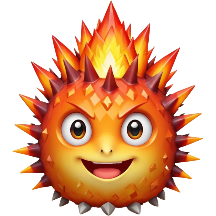 spiky mineral rock characterA single spiky crystal rock character, compact and round with many chunky flame-like spikes, glowing red–orange–yellow gradient like fire, faceted crystal texture, cute face with big shiny eyes and excited smile,

 emoji