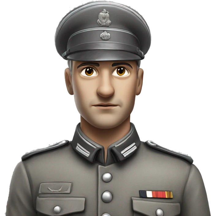 photorealistic 30 years old german soldier the middle of the XX century gray uniform detailed face with wrinkles, closed mouth, small eyes  emoji