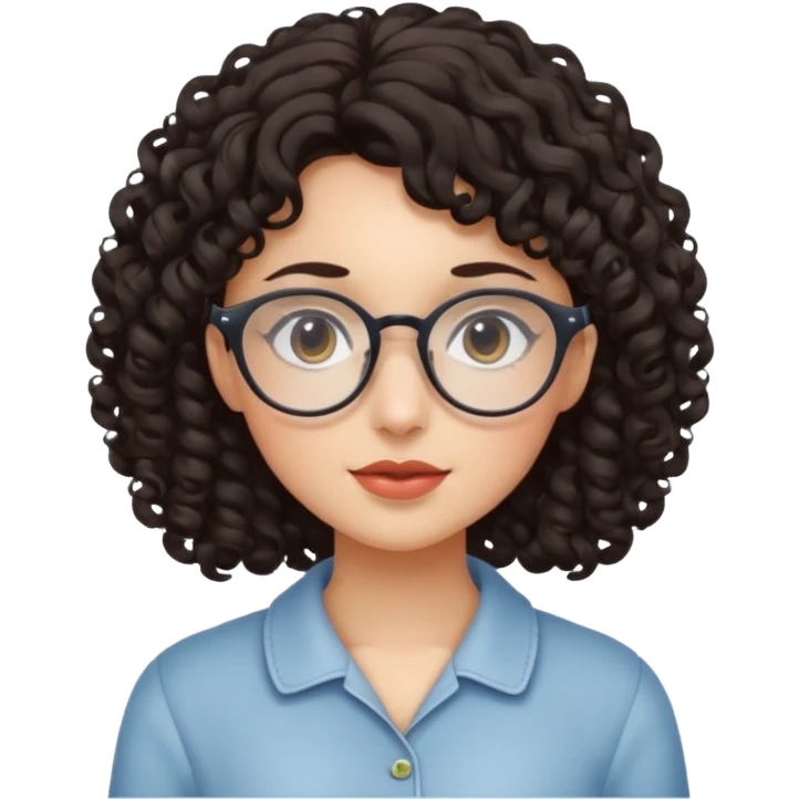 Menina de cabelo cacheado, escuro, ela é branca e usa um óculos delicado emoji