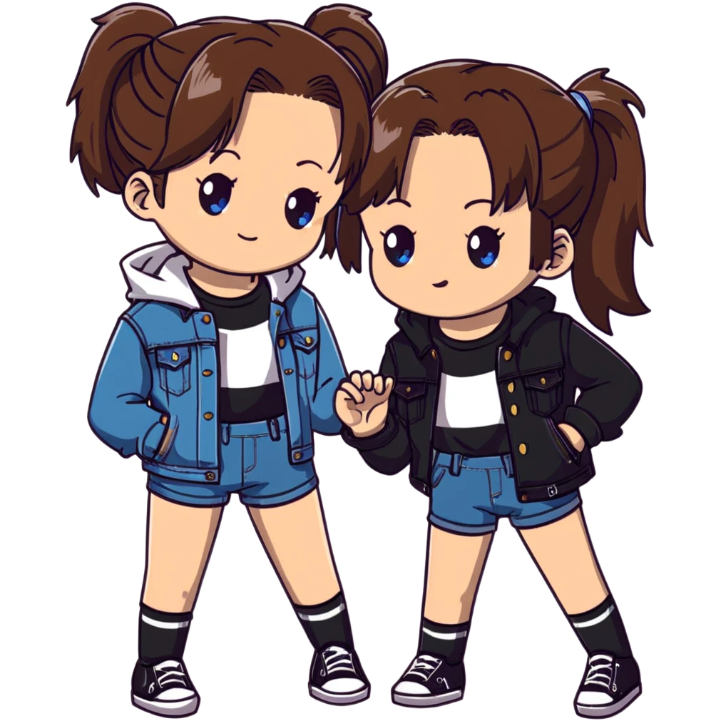 Two anime girls who are best friends, both with brown shoulder length hair. First girl has blue-green eyes, wearing black and white striped t-shirt, denim jacket, and denim shorts. Second girl has brown eyes, wearing denim overalls, with hair in a ponytail secured by a claw clip. emoji