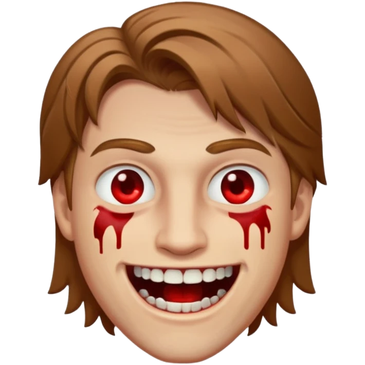 парень с русыми волосами средней длины; белая кожа; белые глаза; открытая улыбка, где на зубах кровь;  emoji