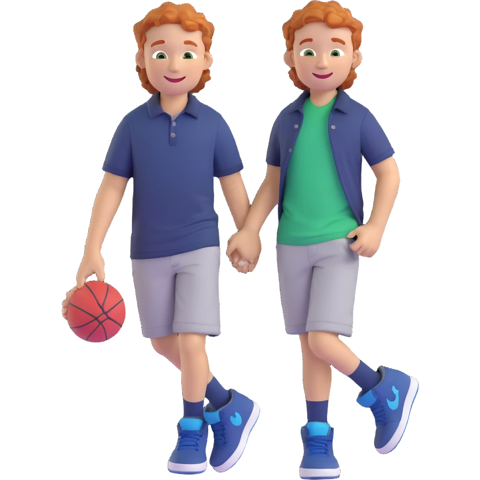 a smiling boy with wavy ginger hair, short sides and longer on top, green grey eyes, dark blue shirt, holding a Jordan sneaker emoji
