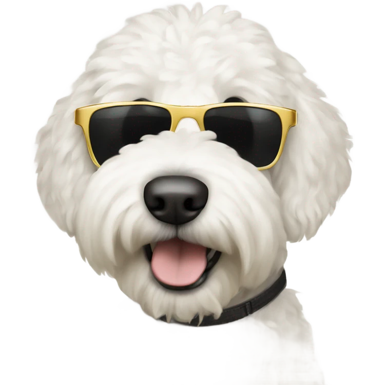 White golden doodle with sunglasses and a smirk emoji