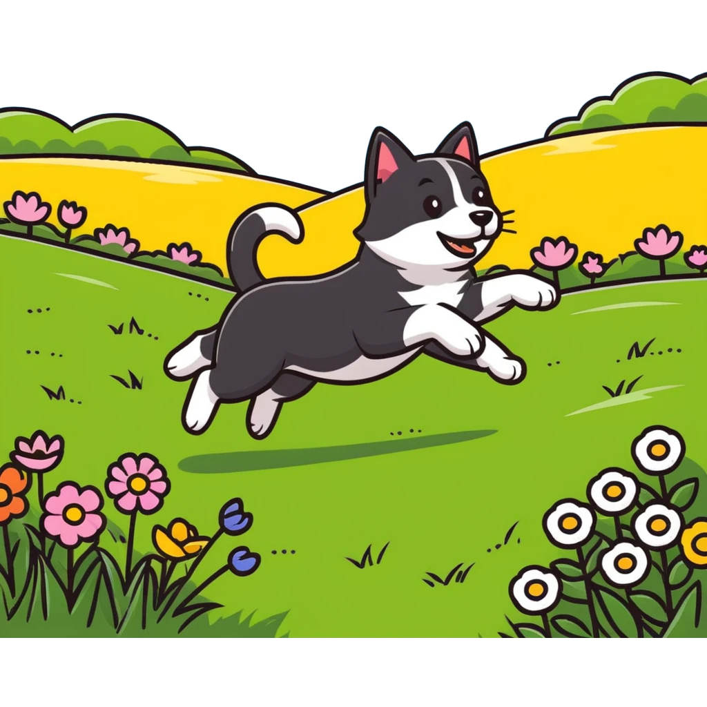 dog chasing cat in a sunny meadow with flowers emoji