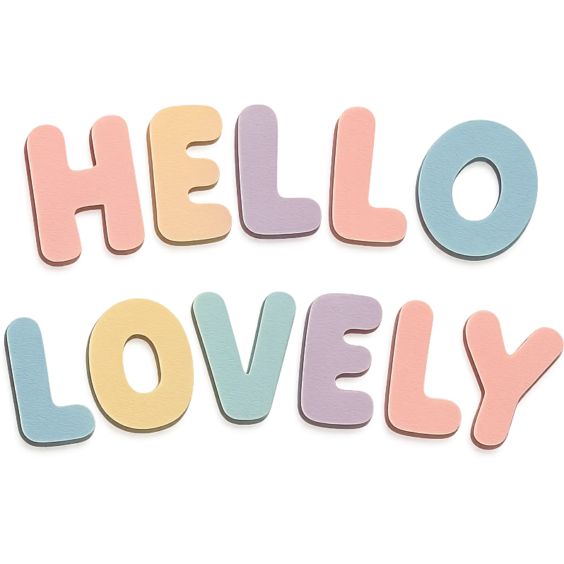 "Hello Lovely" soft pastel rainbow soft chubby letters, cute kawaii font, no frame, transparent background emoji