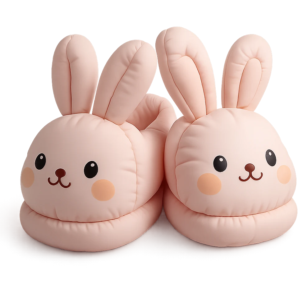 illustration of bunny slippers, soft and plush, pastel colors, cute faces, cushion style emoji