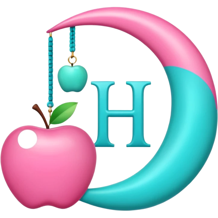 Pink crescent moon with the letter H hanging from moon tip next to a turquose apple hanging next to it emoji