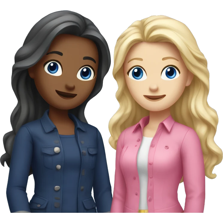 two girls best friends stand for a photo, one brunette with long hair, blue eyes in pink clothes, the second blonde with gray eyes long hair in navy blue clothes emoji