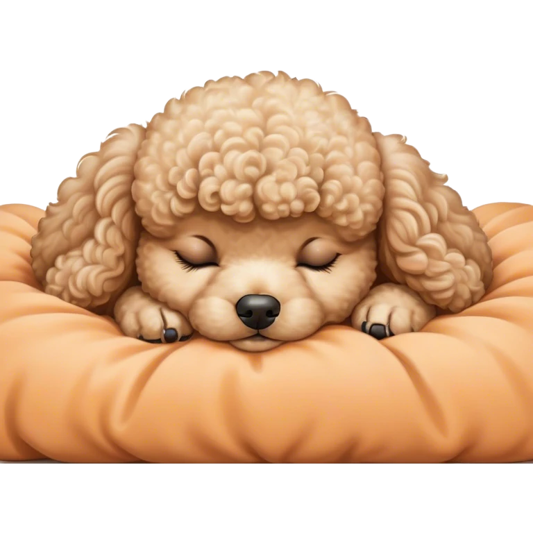Meme-Worthy Cute Sleeping Apricot Poodle Portrait Emoji, Head resting peacefully with a contented smile, showcasing a delightfully elegant build and a luxuriously soft, curly apricot Fur, eyes shut in a serene nap, Simplified yet hilariously adorable features, highly detailed, glowing with a soft, drowsy light, high shine, relaxed and utterly lovable, stylized with an air of playful laziness, bright and heartwarming, soft glowing outline, capturing the essence of a comically sleepy companion, so meme-worthy it feels like it could instantly become the next viral sensation of adorable slumber! emoji
