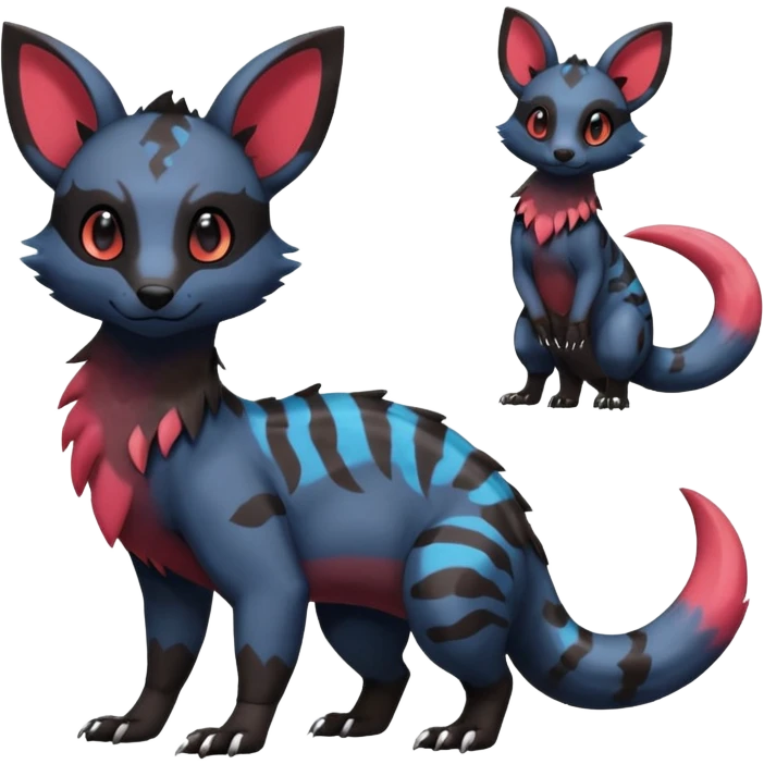 Rare exotic cute epic aesthetic gothic colorful Salandit-Eevee-Civet-species-Fakemon-hybrid-creature, with markings, full body emoji
